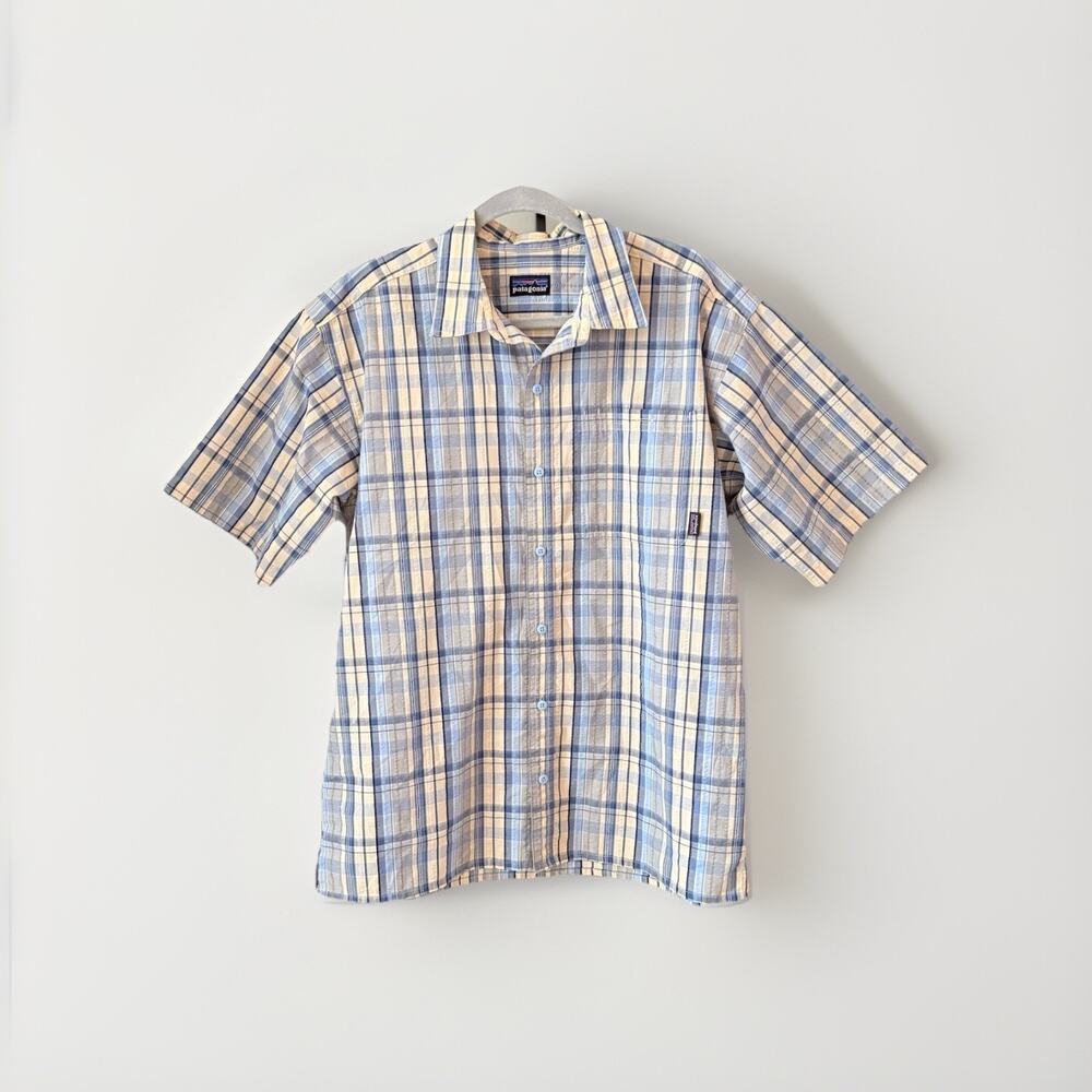 Vintage Patagonia Mens Large Blue Plaid Short Sleeve Button Front Shirt Cotton